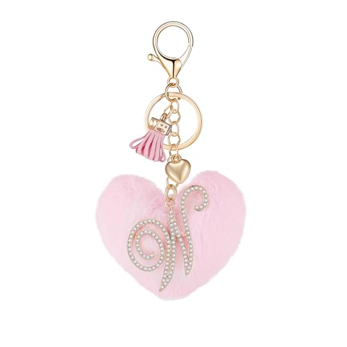 Initial Letter Heart Pom Pom Keychain for Women Pink Soft Fluffy Ball Key Ring for Purse Backpack Handbag - color: W