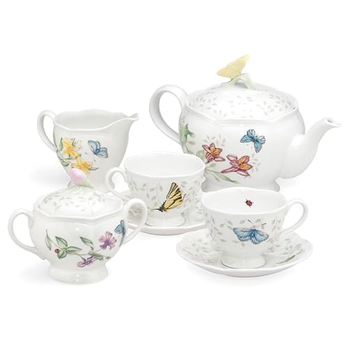 Lenox Butterfly Meadow Porcelain Teapot and Tea Cup Set, 9-Piece, 48oz - style: 9-Piece Tea Set