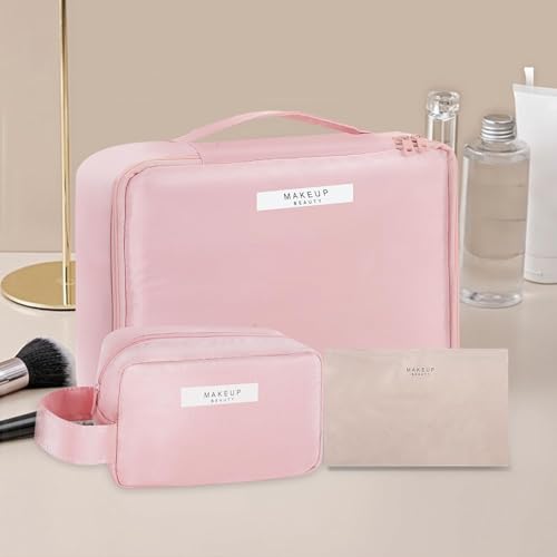 Queboom Travel Makeup Bag Cosmetic Bag Toiletry Bag for Women & Men - color: Pink-3pcs