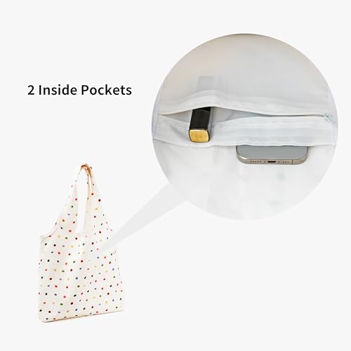REDSINDA Canvas Tote Bag, Large Capacity Shoulder Bag with Inner Pockets, Foldable Shopping Bag - color: Colorful Dots