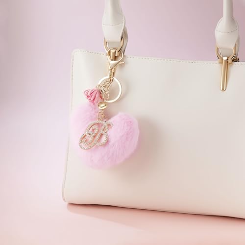 Initial Letter Heart Pom Pom Keychain for Women Pink Soft Fluffy Ball Key Ring for Purse Backpack Handbag - color: B
