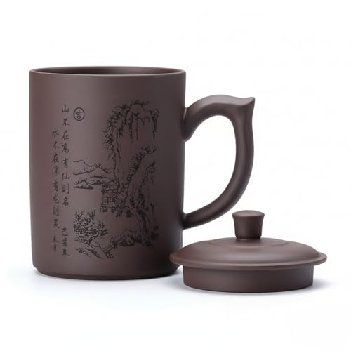 I-MART Chinese Tea Cup Purple Clay Mug with Lid 16 oz Yixing Style Kung Fu Teacup for Loose Leaf Tea Coffee Daily Use with Ergonomic Handle and Traditional Design