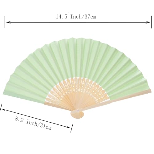 50pcs Paper Hand Fan with Organza Bags Bamboo Handheld Folding Fan DIY Decorative Wedding Party Favors (Light Green) - color: Light Green
