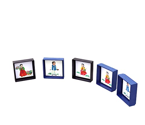 "Little Girl in Hanbok, Korean Traditional Costume with Spring Flowers", Mounted on Blue Hanji Paper Frame, Lovely Wall Art, Unique Housewarming Gift (Hanbok boy navy)
