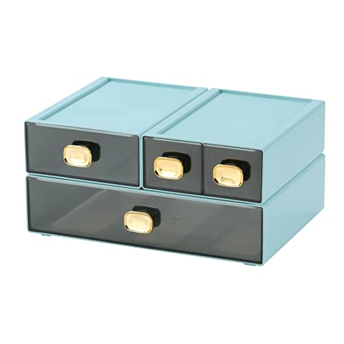 Desktop Storage Drawers, Stackable Countertop Organizer with Drawers - color: 4 Mixed Drawers, Cyan
