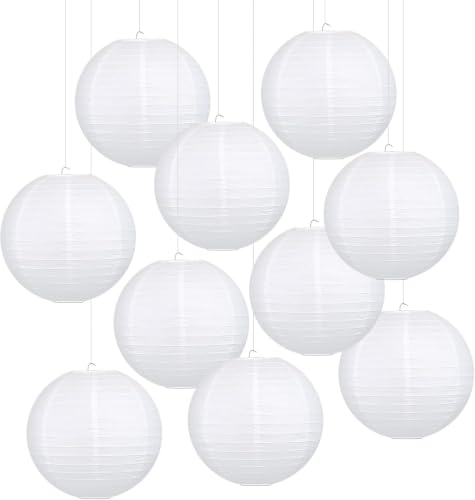 LIHAO 8 Inch White Round Paper Lanterns (10 Pack) - size: 8 Inch