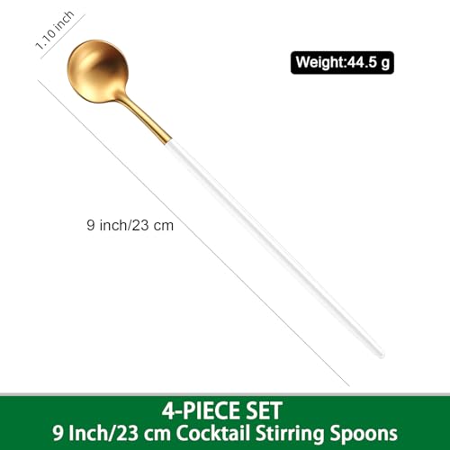 9 Inches Satin Gold Stainless Steel 18/10 Iced Teaspoons With White Handle,Set Of 4 Latte Spoons,Long Handle Coffee Stirring Spoons,Sundae Spoon For Mixing Cocktail Spoon - color: Gold-White Handle, size: 9 Inch