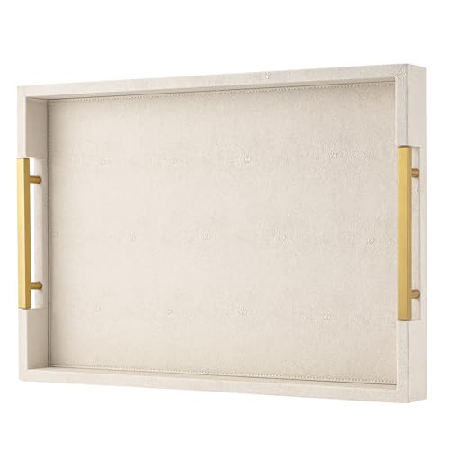 Beige Faux Leather Serving Tray with Handles – Large Decorative Tray for Coffee Table, Ottoman, Living Room, Bathroom – Home Decor - color: Beige, size: 17" x 12" x 2"