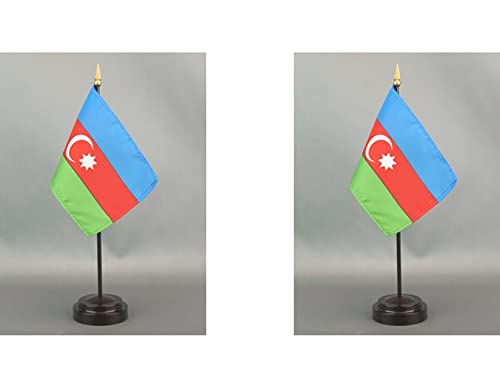 2 Azerbaijan Mini Desk Flags with Stands for Office or Tabletop Display - color: Azerbaijan