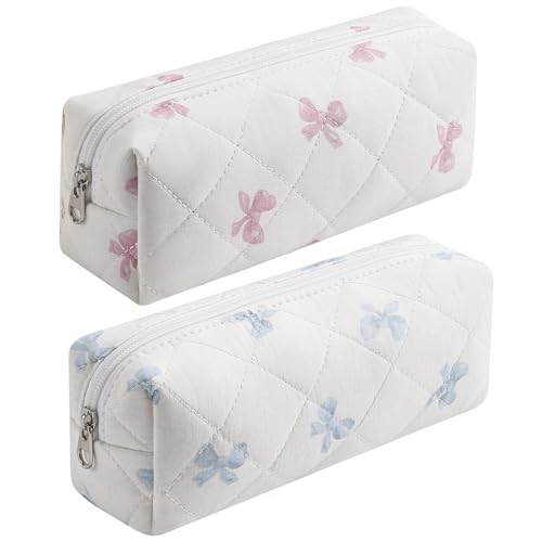 Cute Floral Cotton Makeup Brush Cosmetic Bag for Women, Travel Quilted Zipper Make Up Bag, Flowers Toiletry Organizer Case Kawaii Makeup Cosmetic Travel Cloth Pouch (Pink Bow Tie+Blue Bow Tie) - color: Two Pack: (Pink Bow Tie+Blue Bow Tie)