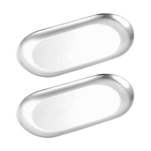 2 Pcs 7" Stainless Steel Decorative Tray Oval Jewelry Dish Cosmetics Organizer Bathroom Vanity Serving Platter Small Storage Trinket Ring Holder for Perfume Candle Key (Silver) - color: Silver