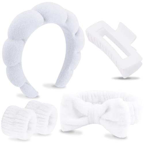 VELSCRUN Spa Headbands for Wash Face, Makeup Headband, Facial Skincare Headbands, 5 Pcs White Puffy Sponge Spa Headband Bow Tie Hair Band Hair Clips Wristband Set Women Girls Accessories - color: White