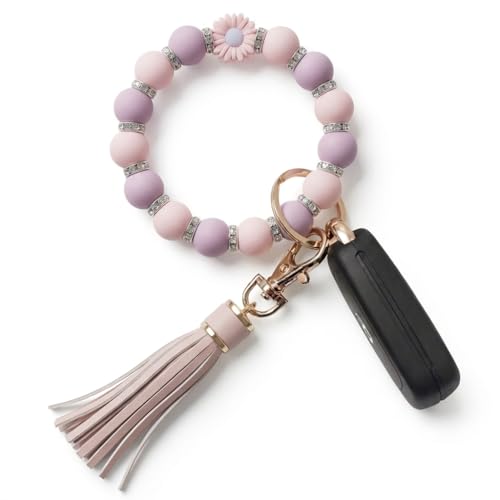 BIHRTC Key Ring Bracelet Car Keychain Holder Wristlet Silicone Women Beaded Bangle Chains - color: Pink and Purple