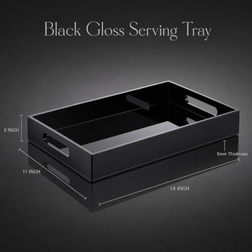 Black Tray 14x11” with Cut Handles - Large Plastic Tray for Ottoman Coffee Table, Kitchen, Office & Serving Guests - Modern Countertop Organizer & Ideal Decorative Tray - color: Black, size: 14" x 11" x 2"