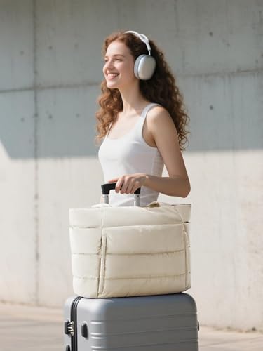 Bagstellar Puffer Tote Bag for Women, Lightweight Puffy Travel Gym Work Bag - color: Cream