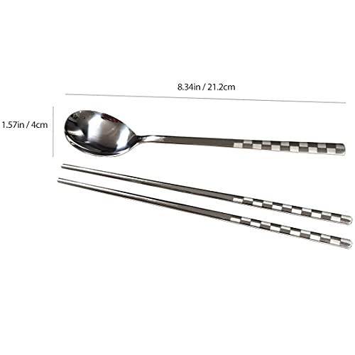 GARASANI Korean Traditional Cutlery Stainless Steel Spoons and Chopsticks Set (Silver Check) - color: Silver Check