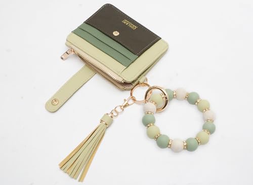 COOLANS Silicone Bracelet Wristlet Wallet Credit Card Holder RFID ID Window Key Ring Tassel Slim Wallet Women Keychain Purse - color: Green Multicolored