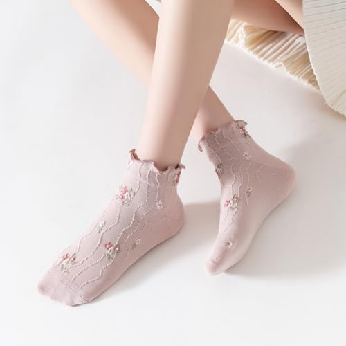 Women‘s Ruffle Ankle Socks,Vintage Patterned,Short Casual Dress Sock,Cute Princess Lettuce Floral Socks 6 Pack - color: 6pairs(pink,white,grey)