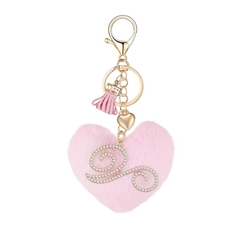 Initial Letter Heart Pom Pom Keychain for Women Pink Soft Fluffy Ball Key Ring for Purse Backpack Handbag - color: V