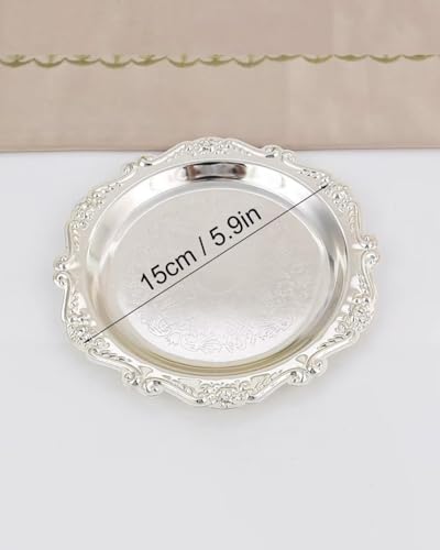 Round Decorative Tray 5.9in Metal Dessert Plates Vintage Coffee Table Tray for Snacks Fruit Silver - color: Silver, size: 5.9"
