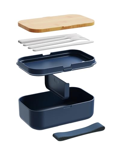 Bento Box for Adult Lunch Containers with Utensils for Men/Women Blue - Natural Bamboo Lid, Chopsticks, Microwave Safe, Dishwasher Safe, Bpa Free, Gifts for Women, Cute, Small - color: Blue