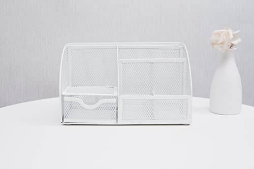 Annova Mesh Desk Organizer Office with 7 Compartments + Drawer/Desk Tidy Candy/Pen Holder/Multifunctional Organizer (White) - color: White
