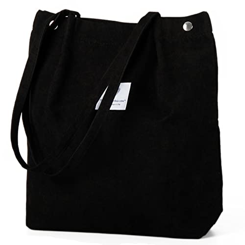Corduroy Tote Bag Cute Tote Bags for Women Shoulder Bag with Inner Pocket for Work Beach Travel and Shopping Grocery - style: Black