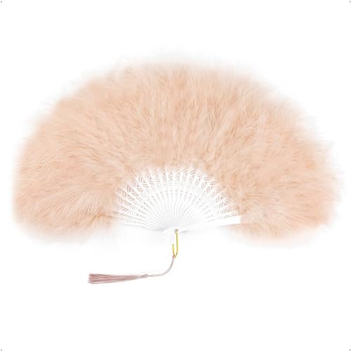 BABEYOND 1920s Marabou Feather Folding Hand Fan - color: Darkchampagne