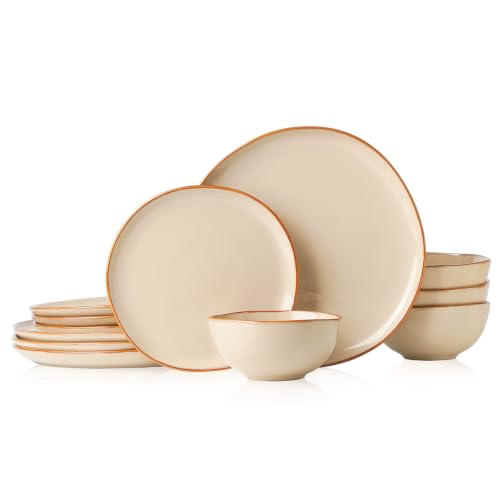 Stoneware Dinnerware Sets for 4, Reactive Glaze Plates and Bowls, Beige - color: Beige, size: Service for 4-12Pcs
