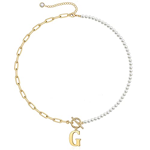Yoosteel Pearl Initial Necklace for Women, Dainty Pearl Chain Choker Initial Necklaces for Women Toggle Clasp Paperclip Link Chain Necklace Jewelry Gifts - color: Gold, style: G