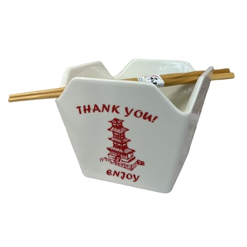 Urban Tokyo Chinese Takeout Box Style Porcelain Bowl With Chopsticks 18 fl oz Square Shape Rice Noodles Pasta To Go Box Shaped Bowl Microwave Dishwasher Safe (Classic Pagoda) - color: Classic Pagoda