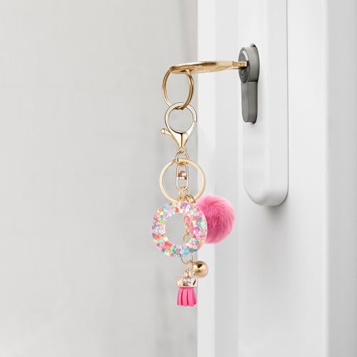 Resin Alphabet Initial Letter Keychain Keyring for Women Purse Handbags With Fur Ball Pom - color: Deep Pink Fur Ball Letter O