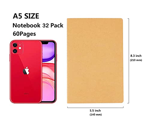 32 Pack Notebook Journals for Travelers, Students and Office, Writing Diary Subject Notebooks Planner with Thick Paper, 60 Pages, 30 Sheets, 8.3x5.5 inch, A5 Size, Travel Journal Set (Lined) - style: 32pack Lined page