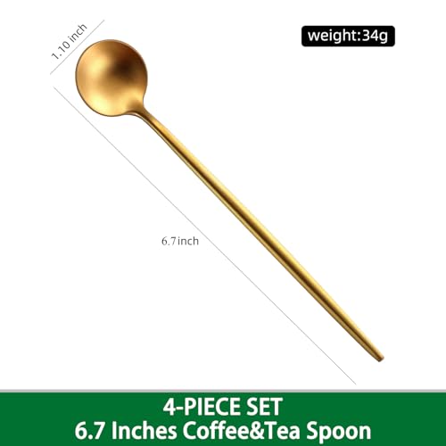 DEHOV Satin Gold 6.7 Inches Coffee Spoon,4 Pieces Stainless Steel 18/10 Tea Spoons Set,Solid Round Handle Coffee Stirring Spoon,Durable Dishwasher Safe Long Handle Ice Cream Spoons,Teaspoon - color: Gold, size: 6.7 Inch