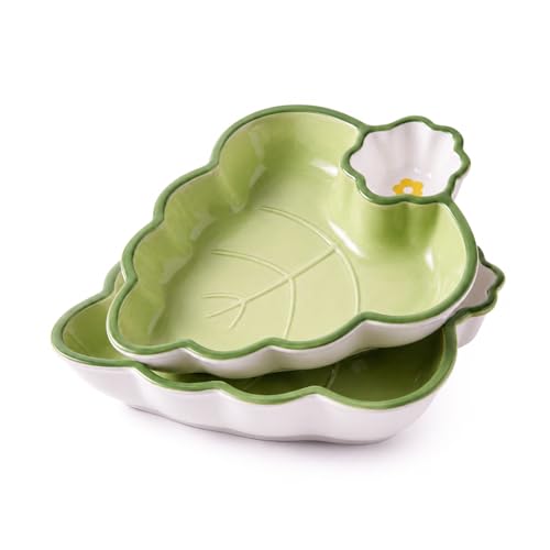 Leaf Shaped Ceramic Serving Platter Set of 2, Divided Snack & Appetizer Dish for Chip and Dip, Sauces, Fries, Tapas, Fruit and Dessert