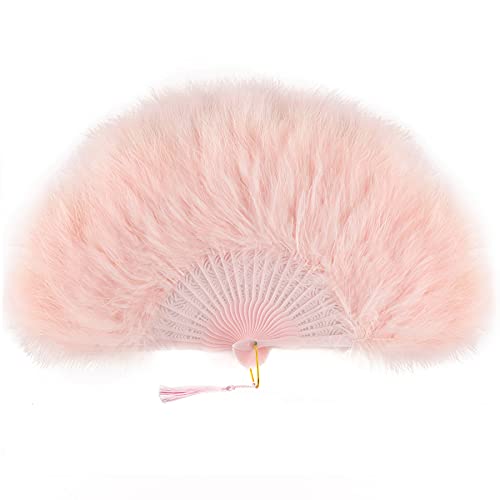 BABEYOND Marabou Feather Fan 20s Vintage Folding Fan Flapper Hand Fan for Costume Dancing Show Tea Party Wedding Decoration (Pink-Pink Rib) - color: Pink-pink Rib