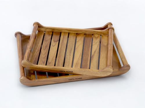 Vesta Homes Set of 2 Romper Teak Wood Rectangular Serving Tray for Home/Kitchen/Restaurant/Office Organizer/Dining Table|Premium Wooden Trays| 18 X 12 ; 15 x 10 inches | Handcrafted in India - size: 18" x 12"; 15" x 10"