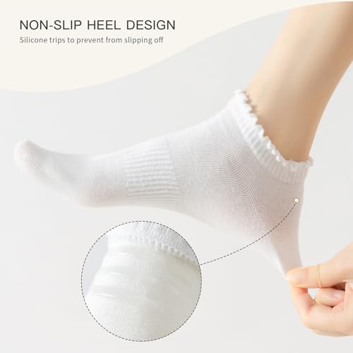 No Show Socks Womens Low Cut Non Slip Ruffle Ankle Socks 6 Pairs - color: White（6 Pairs）