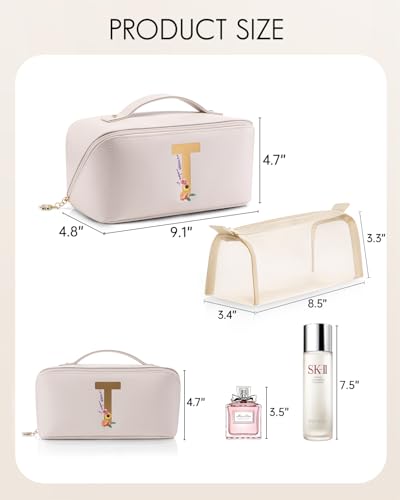 VLANDO Personalized Makeup Bag,Gifts for Women, Letter T,Off White - color: 14.White-T