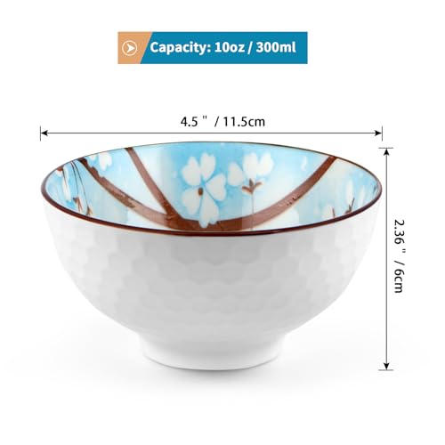 Ceramic Rice Bowls 10 oz, Sakura Bowl Gift Set, Dinnerware Serving Bowls for Rice, Cereal, Noodle, Soup, Desserts, Pack of 6 (Blue) - color: Blue