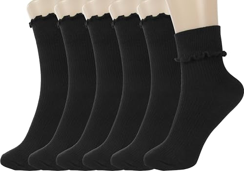 BomKinta Ruffle Socks Women Turn-Cuff Frilly Sock Cotton Crew Socks - color: All Black