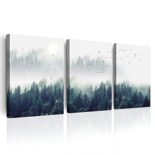 3 Piece Canvas Wall Art for Living Room Wall Decorations for Bedroom Office Wall decor Foggy forest Trees Landscape painting Stretched and Framed Ready to Hang pictures Home Decor 12"x16"x3 Panels - color: The Fog Forest, size: 12x16inches*3pcs