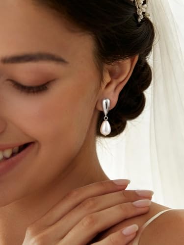 Pearl Earrings for Women,14K Gold/Silver Plated Dangle Drop Earrings - color: silvery white