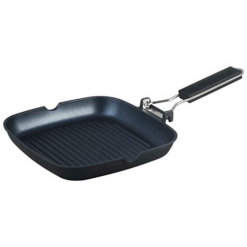 S·KITCHN Grill Pan with Folding Handle, Nonstick Grilling Pan for Stove Tops, Induction Compatible Square KBBQ Pan with Pour Spouts - 9IN - size: 9 IN