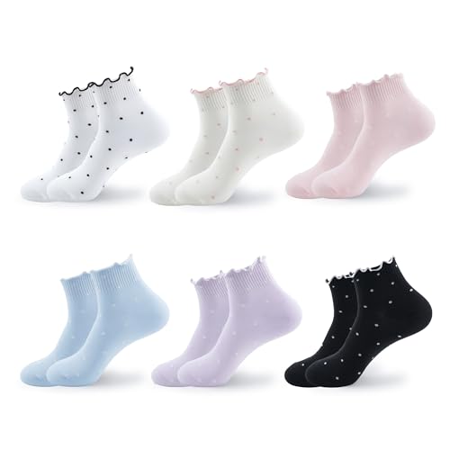 Womens Cotton Crew & Ankle Socks, Cute Floral Ruffle Colorful Tube Size 6-9 - color: Ruffle Dot B