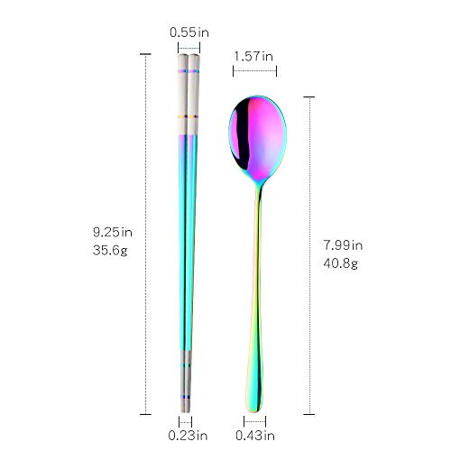 Buyer Star 4 Set Rainbow Square Chopsticks and Spoons Set Metal Stainless Steel Spoons Chopsticks Set - color: rainbow-square chopstick and spoon