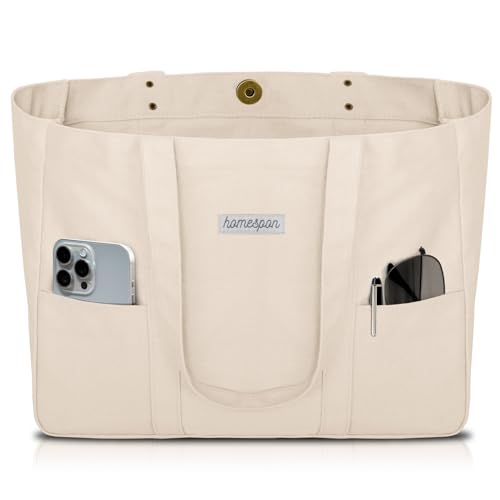 HOMESPON Large Canvas Tote Bag, Magnetic Work Laptop Pack for Women - color: Beige