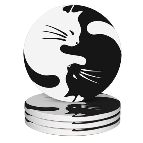 Coasters for Drinks,Black and White Cat Ying Yang Absorbent Coaster Set of 4 with Cork Base,Ceramic Drink Coasters for Cold Drinks Wine Glasses Cups Mugs,Housewarming Gifts for Home Decor - color: Black and White Cat