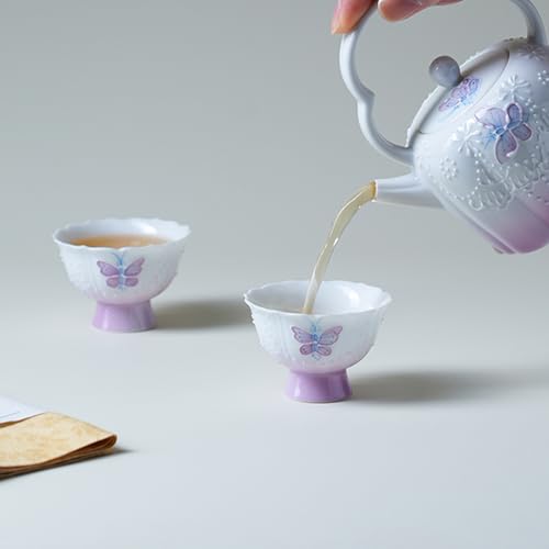 KAMMAK Tea Cup, 1.3oz Mini Porcelain Tea Cups Set of 2, Ceramic Teacups with Short Stem, Cute Teacup Set for Home, Tea Party, Chinese Kungfu Tea Set for Hot/Cold Drink (Purple Curtain Butterfly) - style: 719N Purple Butterfly