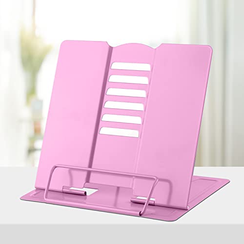 Honagu Book Stand Metal Desk Book Holder, Book Holders for Reading Hands Free, Adjustable Cookbook Documents Holder, Portable Bookstand for Music Books, Textbook, Recipe, Tablet, Ipad (Pink) - color: Pink